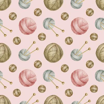 Brown, gray and pink yarn balls and knitting needles. Watercolor seamless pattern on pink background. For fabric, packaging paper, scrapbooking, product packaging design, yarn or wool shop.