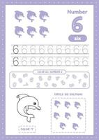 Trace, color, count on a4 page. Exercises for preschool kids. Activity worksheets for children with many exercises.  Learn numbers. Number 6. vector