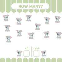 Counting game for kids.Worksheet for preschoolers to learn left and right. How many koala go to the left and to the right vector