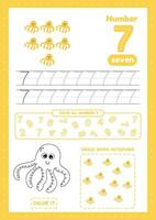 Activity a4 size page for preschool children education with many exercises on one sheet. Learn number 7. Trace, color, count octopuses vector