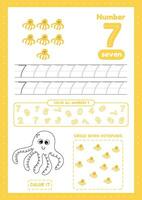 Activity a4 size page for preschool children education with many exercises on one sheet. Learn number 7. Trace, color, count octopuses vector