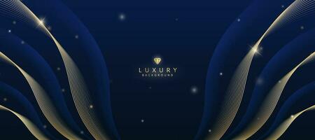 Dark blue luxury background with elements of golden curves and shiny lights. vector