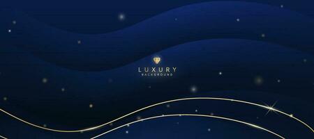 Dark blue luxury background with elements of golden curves and shiny lights. vector