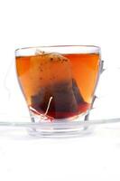 a glass cup with a tea bag in it photo