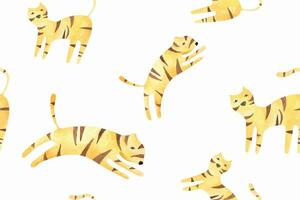 Seamless pattern of cartoon tiger painted in watercolor.Background cute animal.For fabric and wallpaper.Natural Vantage Pattern Background.Suitable for children. vector