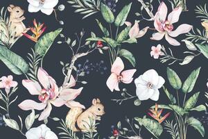 Seamless pattern of tropical plant, orchid, squirrel and flowers painted in watercolor.For fabric luxurious and wallpaper, vintage style.Botanical floral pattern.Tropical background vector