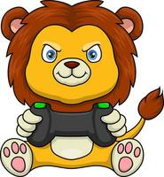 Cute lion cartoon gamer holding gamepad joystick vector