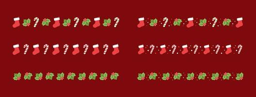 Christmas themed decorative border and text divider set, Christmas Stocking, Candy Cane and Mistletoe Pattern. Vector Illustration.