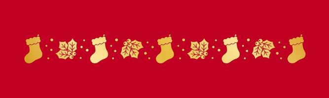 Gold Christmas themed decorative border and text divider, Christmas Stocking and Mistletoe Pattern Silhouette. Vector Illustration.