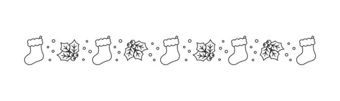 Christmas themed decorative border and text divider, Christmas Stocking and Mistletoe Pattern Line Art Doodle. Vector Illustration.