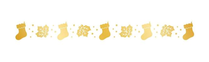 Gold Christmas themed decorative border and text divider, Christmas Stocking and Mistletoe Pattern Silhouette. Vector Illustration.