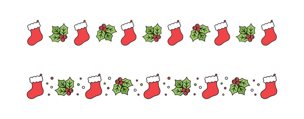Christmas themed decorative border and text divider set, Christmas Stocking and Mistletoe Pattern. Vector Illustration.