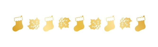 Gold Christmas themed decorative border and text divider, Christmas Stocking and Mistletoe Pattern Silhouette. Vector Illustration.