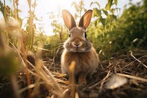 Portrait rabbit on the meadow with light exposure AI Generative photo