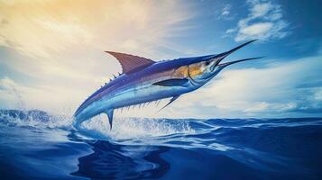 Portrait of blue marlin fish jumping over the sea AI Generative photo
