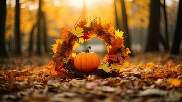 Pumpkin with autumn leaf wreath AI Generative photo