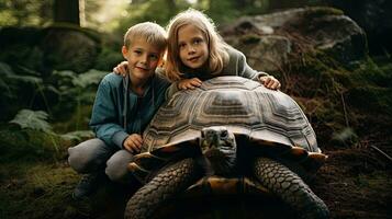 Portrait kids with turtle in the zoo AI Generative photo