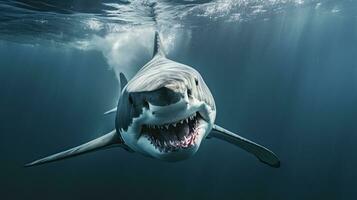 retrato de miedo blanco tiburón apareciendo en el mar ai generativo foto