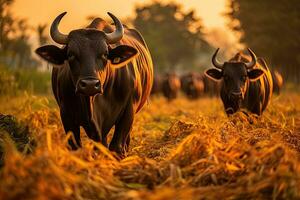 retrato búfalo en el medio granja con ligero exposición foto