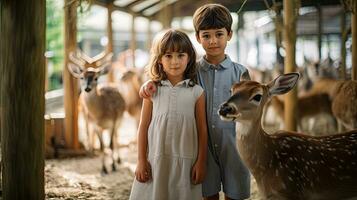 Portrait kids with deers in the zoo AI Generative photo