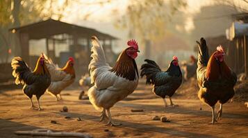 Portrait chicken in the farm with light exposure AI Generative photo