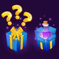 Close and open gift box with magic potion as a reward, game ui interface element vector