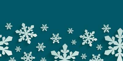 Seamless horizontal pattern with paper cut snowflakes. Christmas design 3D illustration on teal colored background for presentation, banner, cover, web, flyer, card, sale, poster and social media. vector
