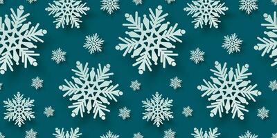 Seamless pattern with paper cut snowflakes. Christmas design 3D illustration on teal colored background for presentation, banner, cover, web, flyer, card, sale, poster, slide and social media. vector