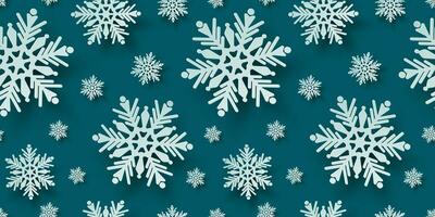 Seamless pattern with paper cut snowflakes. Christmas design 3D illustration on teal colored background for presentation, banner, cover, web, flyer, card, sale, poster, slide and social media. vector