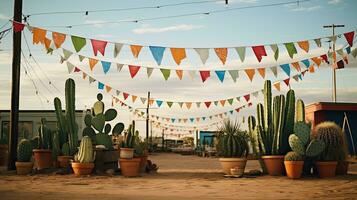 Portrait cactus on the pot with bunting AI Generative photo