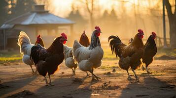 Portrait chicken in the farm with light exposure AI Generative photo