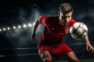 Portrait professional soccer player control the ball AI Generative photo