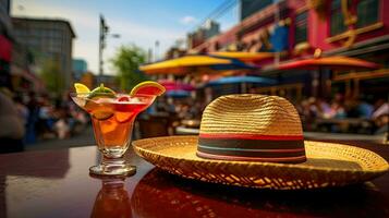 Fresco cóctel con sombrero en el mesa ai generativo foto