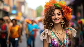 hermosa mujer con disfraz en el carnaval ai generativo foto