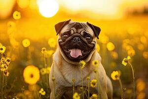 Portrait cute pug on the meadow with light exposure AI Generative photo