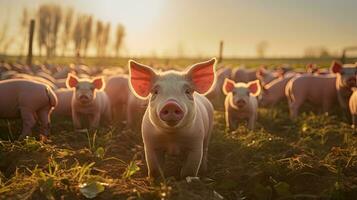 Portrait pig in the farm with light exposure AI Generative photo