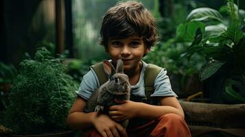 retrato niños con Conejo en el zoo ai generativo foto