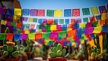 Portrait cactus on the pot with bunting AI Generative photo