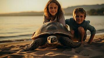 retrato niños con Tortuga en el zoo ai generativo foto