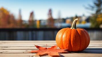 retrato calabaza con otoño hoja en el mesa ai generativo foto