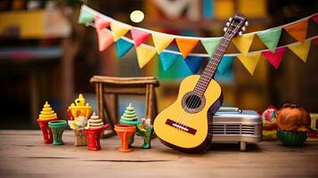 Portrait guitar on the table with cactus on the pot AI Generative photo