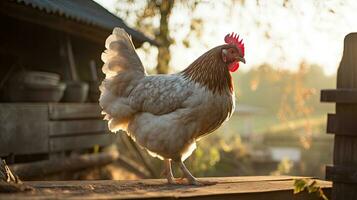 retrato pollo en el granja con ligero exposición ai generativo foto