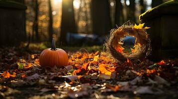 Portrait pumpkin on the forest with light exposure AI Generative photo