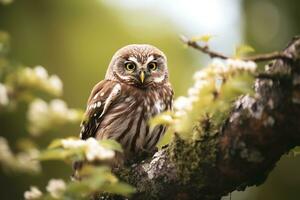 brown owl on tree branch, ai generative photo