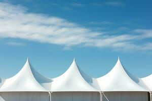 Row of white tent tops under a blue sky, ai generative photo