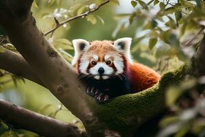 red panda sitting on top of a tree branch, ai generative photo