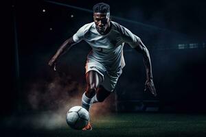 Portrait professional soccer player dribbling ball AI Generative photo