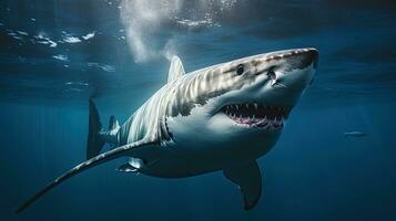 retrato de miedo blanco tiburón apareciendo en el mar ai generativo foto