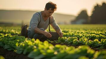 Portrait farmer picking vegetables AI Generative photo
