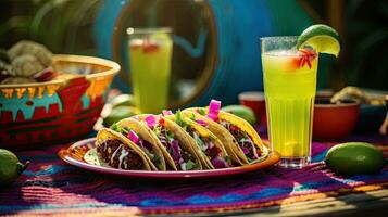 Delicious tacos with drink on the table AI Generative photo